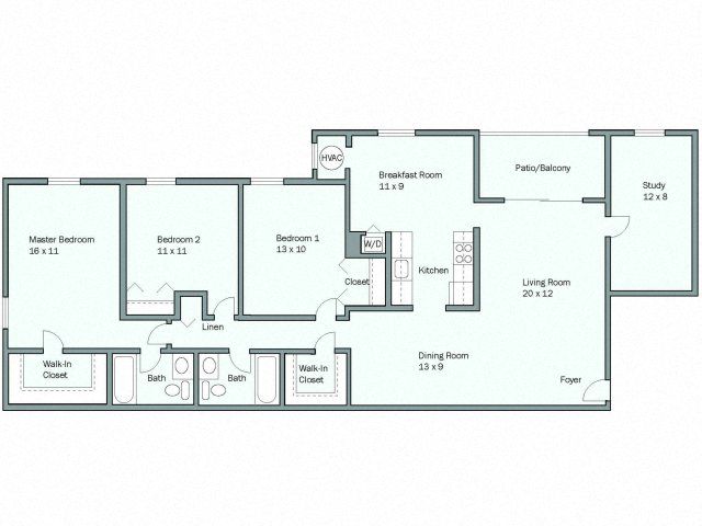 Floor plan for 3 beds, 2 baths, 1490 sqft